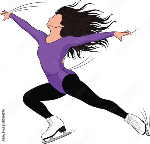 Figure skater illustration, female ice skating pose, graceful performance vector art, winter sports athlete design, dynamic skating movement graphic
