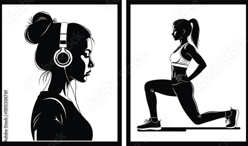 Fitness woman silhouette illustration, workout exercise pose art, headphones girl profile drawing, active lifestyle vector, gym training artwork design