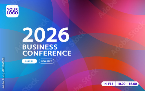 Promote your corporate event with this colorful business conference banner. The modern abstract background features vibrant fluid gradients and registration buttons, perfect for a professional webinar