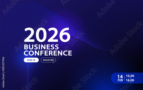 A futuristic business conference banner featuring deep blue abstract waves. This professional webinar template includes registration buttons and a modern layout suitable for corporate technology event