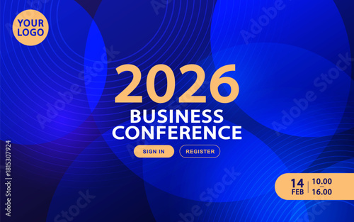 Dark blue business conference banner template. Abstract background with overlapping circle shapes and gold text layout. Modern corporate webinar design with registration buttons.