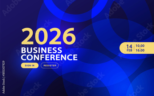 Dark blue business conference banner template. Abstract background with overlapping circle shapes and gold text layout. Modern corporate webinar design with registration buttons.