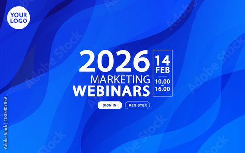 Blue business conference banner template. Abstract horizontal background with wavy liquid shapes. Modern corporate webinar design with registration layout.