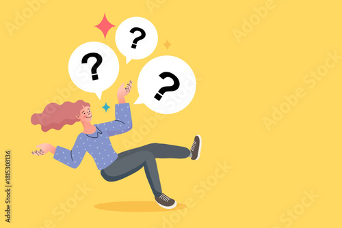Young woman floating with question mark speech bubbles. Concept of frequently asked questions or confusion. Vector illustration of female character thinking or solving a problem on yellow background.