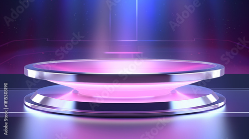 Futuristic Neon Pink and Purple Stage Podium with Metallic Trim for Product Display. Sci-fi illuminated pedestal background.