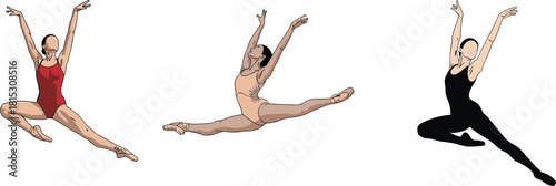 Elegant ballet dancers performing dynamic leaps, flexibility poses, artistic movement, contemporary dance illustration, athletic grace, female performers, vector artwork