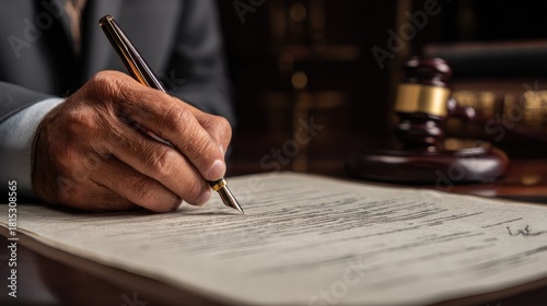 Professional Hand Signing Document Near Gavel and Legal Materials