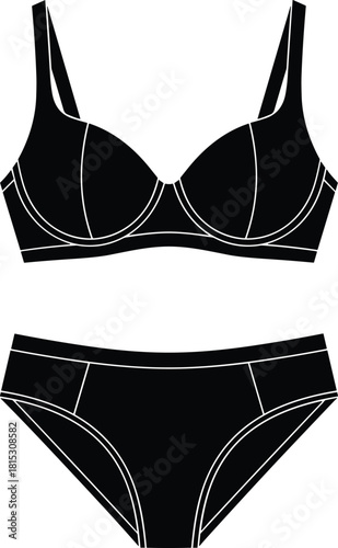 Elegant black lingerie set illustration showing stylish bra and panties design, fashion underwear template, garment outline, intimate apparel artwork for branding.