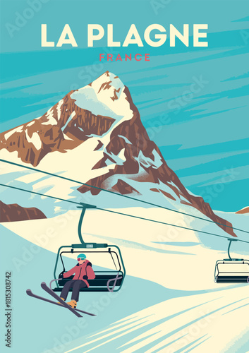 La Plagne Vintage Poster, French Ski Resort, Retro Illustration, Alps Design