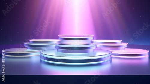 Abstract Neon Light Podiums 3D Render: Futuristic Stage Display with Purple & Blue Glow for Product Presentation