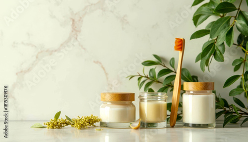 Natural skincare products arranged with bamboo toothbrush and greenery on a marble countertop