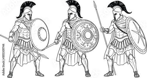 Epic ancient Greek Spartan warriors in detailed armor with shields and spears, heroic warrior poses, historical battle illustration vector