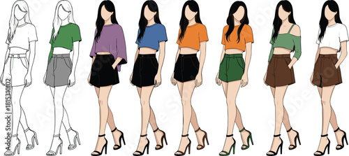 Fashion model outfit illustration set, stylish women clothing variations, trendy tops and shorts designs, modern apparel vector collection for designers