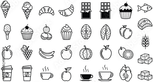 Food and grocery line icon set, including ice cream, chocolate, croissant, cupcake, fish, fruit, coffee, and wheat, vector illustration.