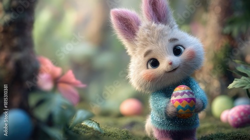 Cute Cartoon Bunny Holding Colorful Easter Egg in Magical Forest