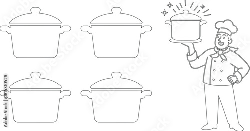 Cartoon Chef Proudly Presents Sparkling Cookware Set and Illustration of Matching Empty Cooking Pots