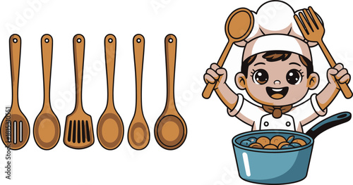 Cartoon Chef with Cooking Pot and Wooden Spoons Illustration on White Background
