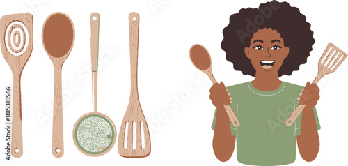 African American Woman Holding Wooden Kitchen Utensils Set Spatula, Spoon and Skimmer