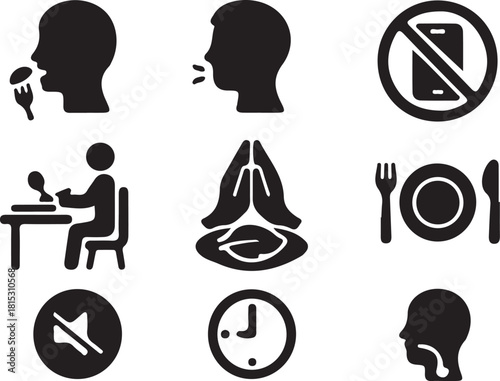 Essential Icons Representing Everyday Activities and Restrictions Black and White Illustration