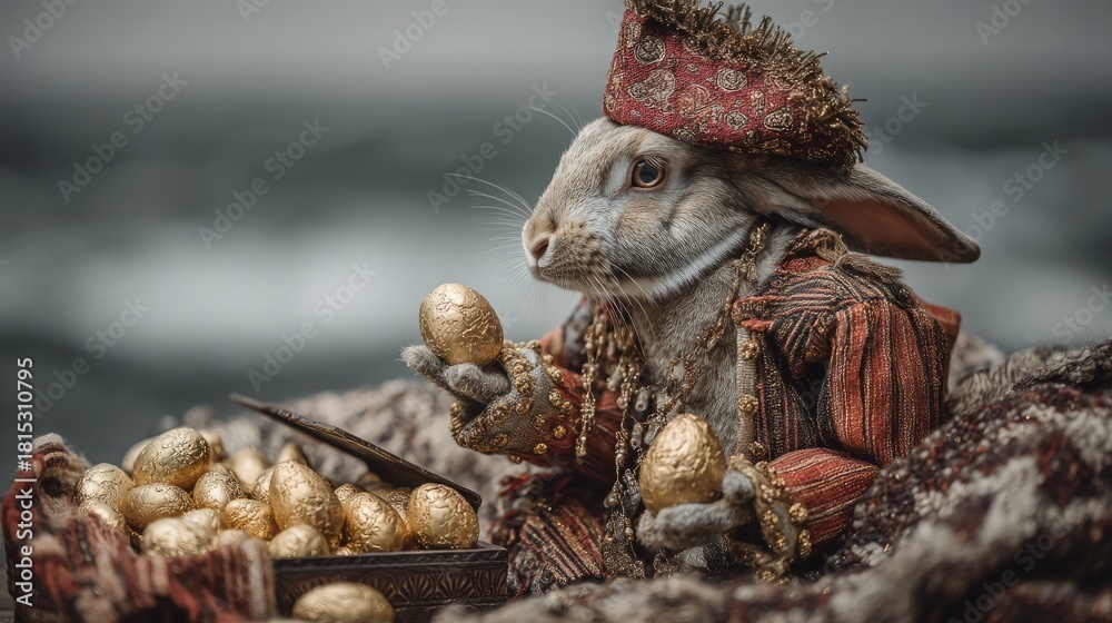 Naklejka premium Rabbit Dressed in Royal Attire Holding Golden Eggs by Treasure Chest