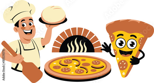 Cartoon Baker with Pizza Paddle, Pizza, Dough, and Brick Oven Illustration for Culinary Projects