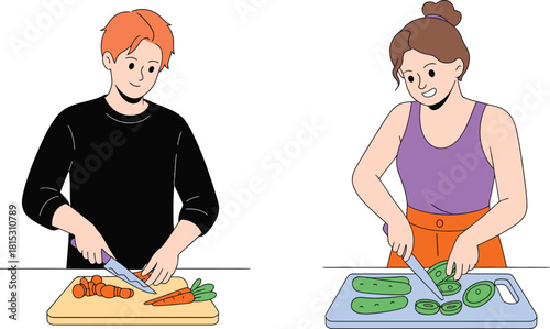 Cartoon Style Illustration People Cutting Carrots and Cucumbers on Cutting Boards