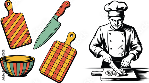 Colorful Kitchen Illustration Chef Cutting Vegetables, Cutting Boards, Knife, and Striped Bowl on White