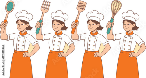 Four Cartoon Chefs Holding Spoon, Fork, Spatula, Whisk in a Row