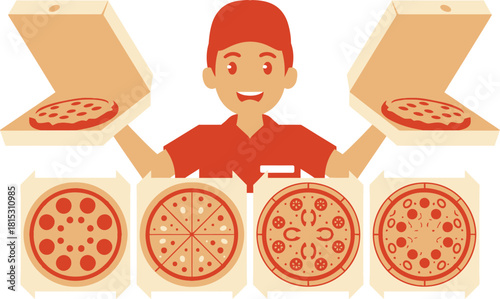 Cartoon Pizza Delivery Man Holding Two Boxes with Additional Pizza Designs Displayed Below
