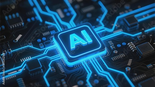 Artificial intelligence chip with glowing blue circuitry on a digital motherboard