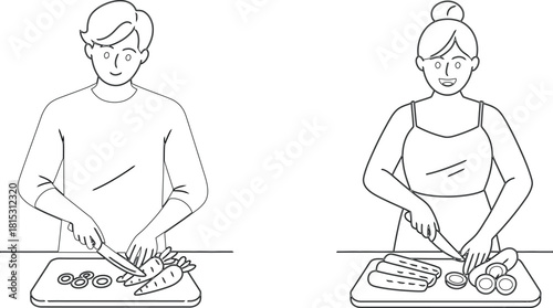 People Cutting Vegetables on Cutting Boards Carrots and Zucchini Line Art Illustration