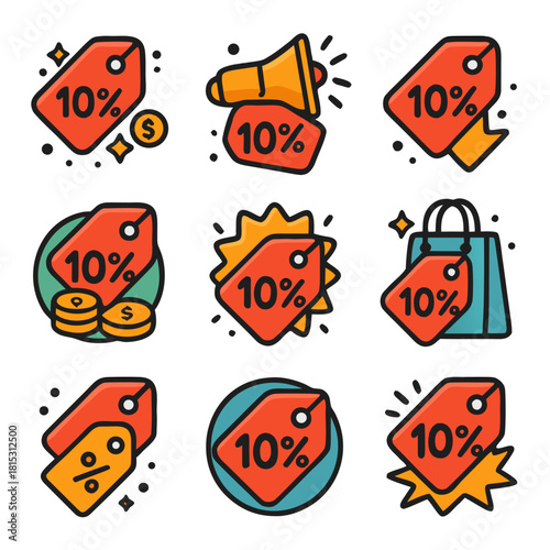 Discounts label elegantly depicting ten percent discounts and related marketing concepts are visually compelling.