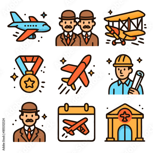 Wright brothers day aviationrelated icons including planes medals and people commemorate the inventors legacy.