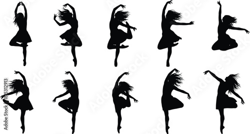 Dancing woman silhouette set, dynamic dance poses collection, expressive movement illustration, female dancer vector artwork for performance and creativity themes