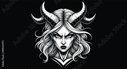 Dark fantasy demon woman illustration, horned female character, gothic artwork, powerful mythical portrait, sinister beauty concept, detailed monochrome design