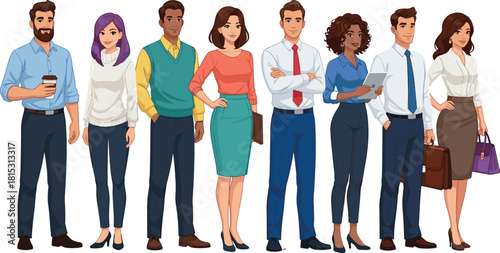 Diverse business team illustration, professional office workers standing together, corporate teamwork concept, modern workplace characters in formal attire for branding