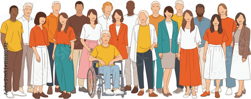Diverse group of people standing together, inclusive community illustration with mixed ages, cultures, genders, unity teamwork concept in modern flat style