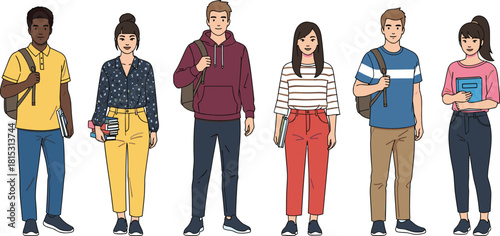 Diverse group of students standing with backpacks and books, modern college fashion, learning, education concept, flat illustration for academic projects
