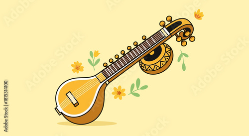 Illustration of a veena, a stringed Indian classical music instrument, surrounded by flowers and leaves on a light yellow background.