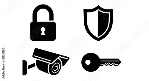 Security icons featuring a padlock, shield, surveillance camera, and key in black silhouette against a white background.
