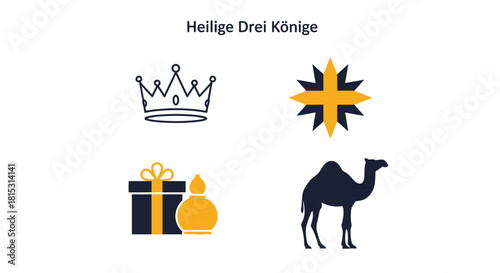 Four icons depicting Epiphany: a crown, a star, gifts, and a camel, against a white background with the German text "Heilige Drei Könige".
