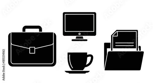 Black and white illustration depicting a briefcase, computer monitor, coffee cup, and file folder, representing office work.