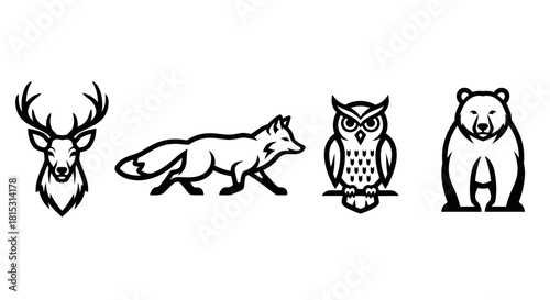 Line art illustration featuring a deer head, a fox walking, an owl perched, and a bear standing, all in a minimalist style.