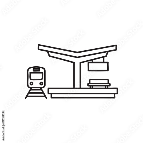 Modern Train Station with Platform Line Art Illustration