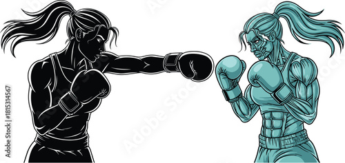 Dynamic illustration of two strong female boxers fighting, showcasing powerful punch action, athletic strength, sports energy, fitness training, and competitive determination