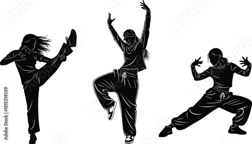 Dynamic hip hop dancer silhouettes performing energetic street dance poses in loose clothing, perfect for modern design projects, posters, and creative artwork