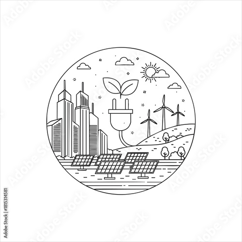 Sustainable City with Green Energy and Industry Line Art