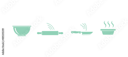 Kitchen Utensils and Instructional Icons. Various Tools for Culinary Use. Frying Pan, Pot, Spoon, Cutting Board, along with other Kitchenware and Dishes. Home Cooking Theme. Flat Vector Illustration.