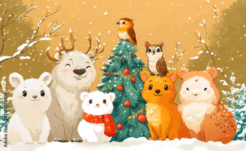 Fototapeta premium Stacked Forest Animals Forming a Whimsical Christmas Tree Shape