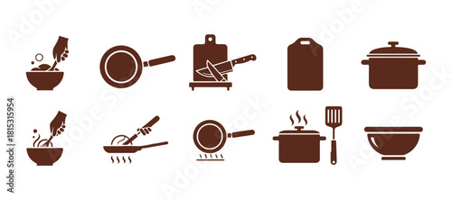 Icons for Kitchen Tools and Instructions. Different Cooking Utensils. Frying Pan, Pot, Spoon, Cutting Board, and more Kitchenware. Home Cooking Theme. Flat Vector Illustration and Icon Set.